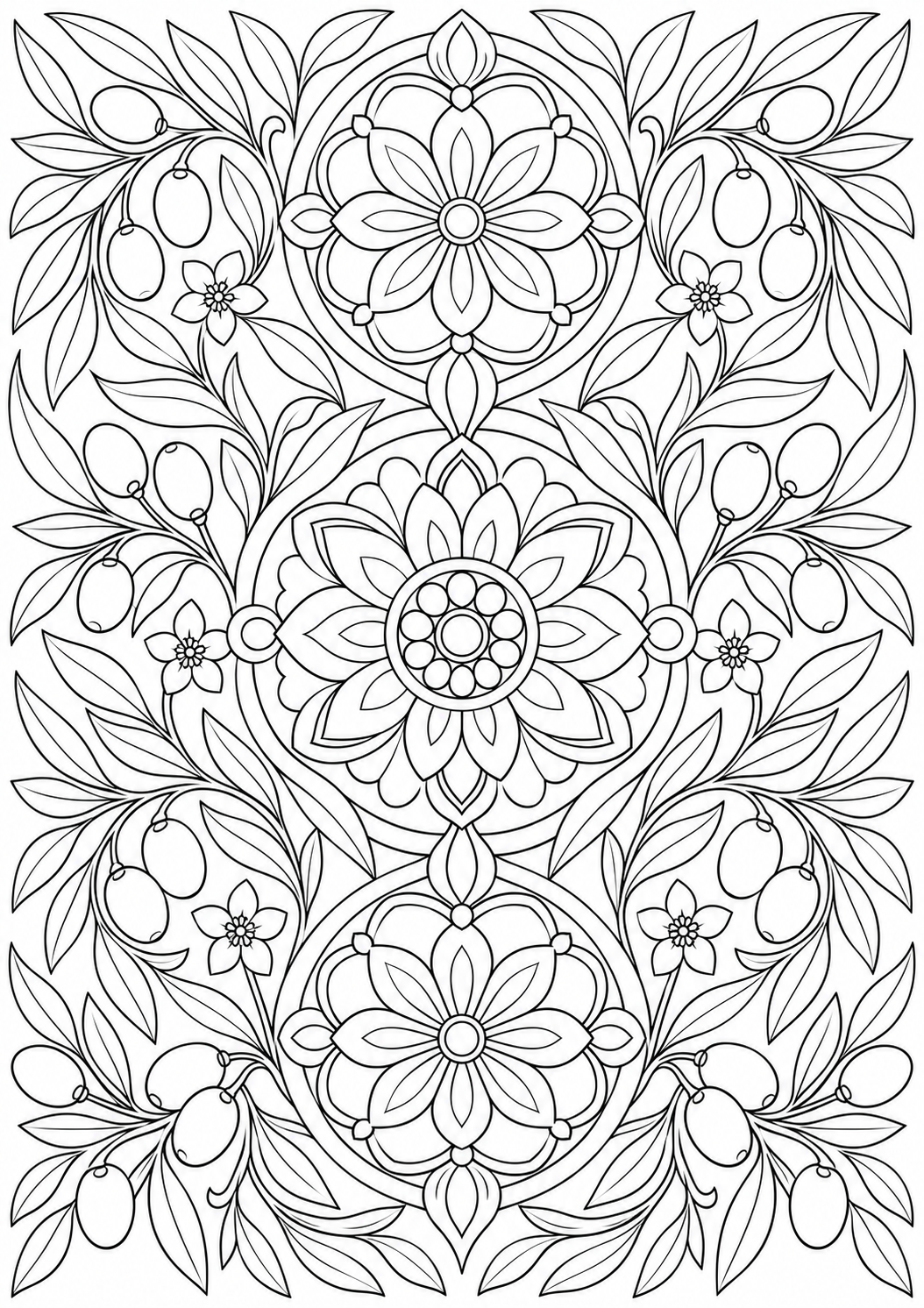 Olive branch with floral medallions — black-and-white adult coloring page