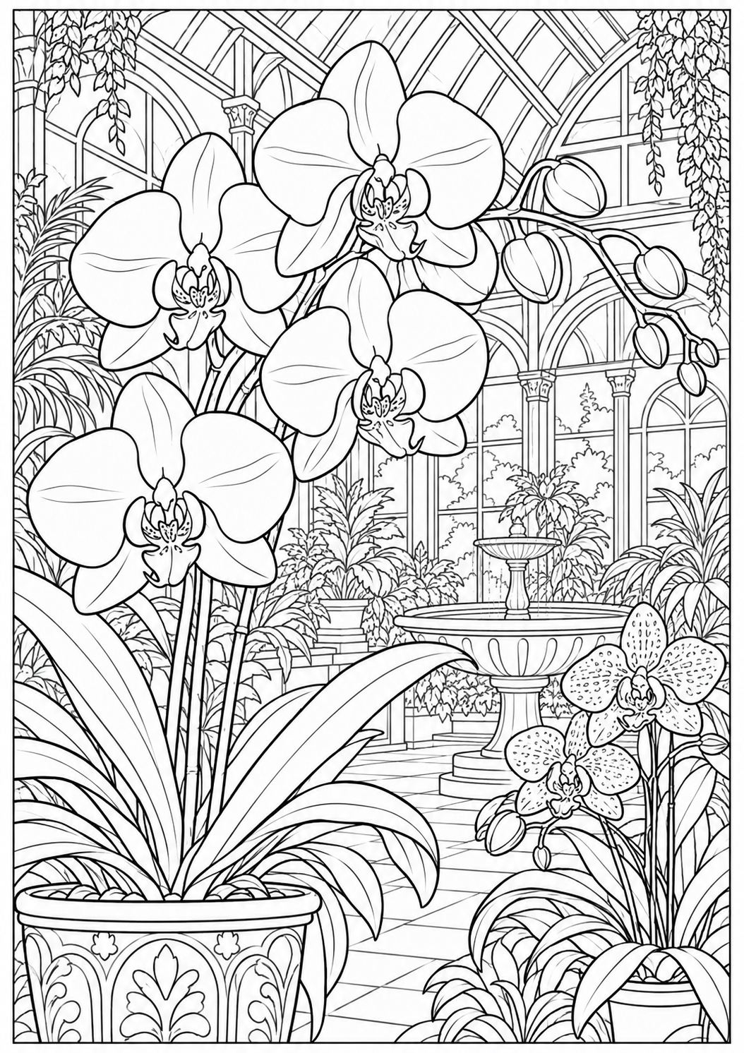 Orchids in a conservatory — black-and-white adult coloring page