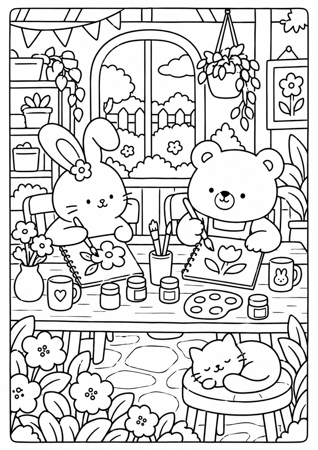 Painting in the garden studio — adult coloring page