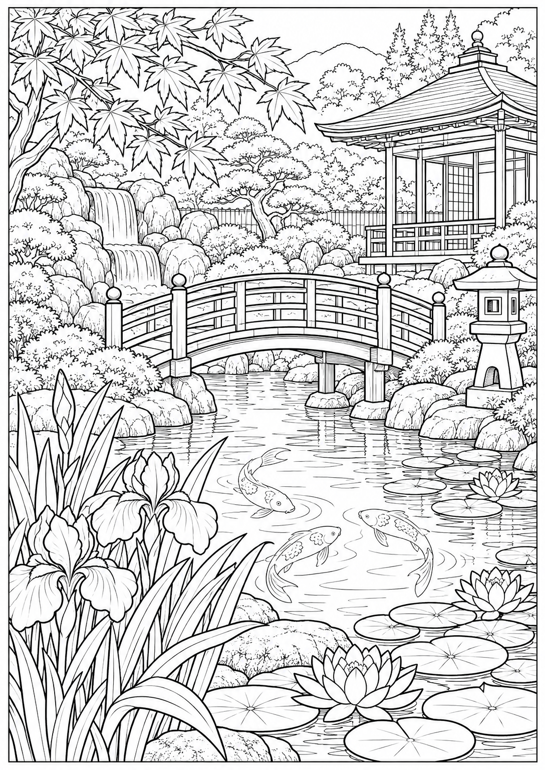 Peace in a Japanese garden — adult coloring page