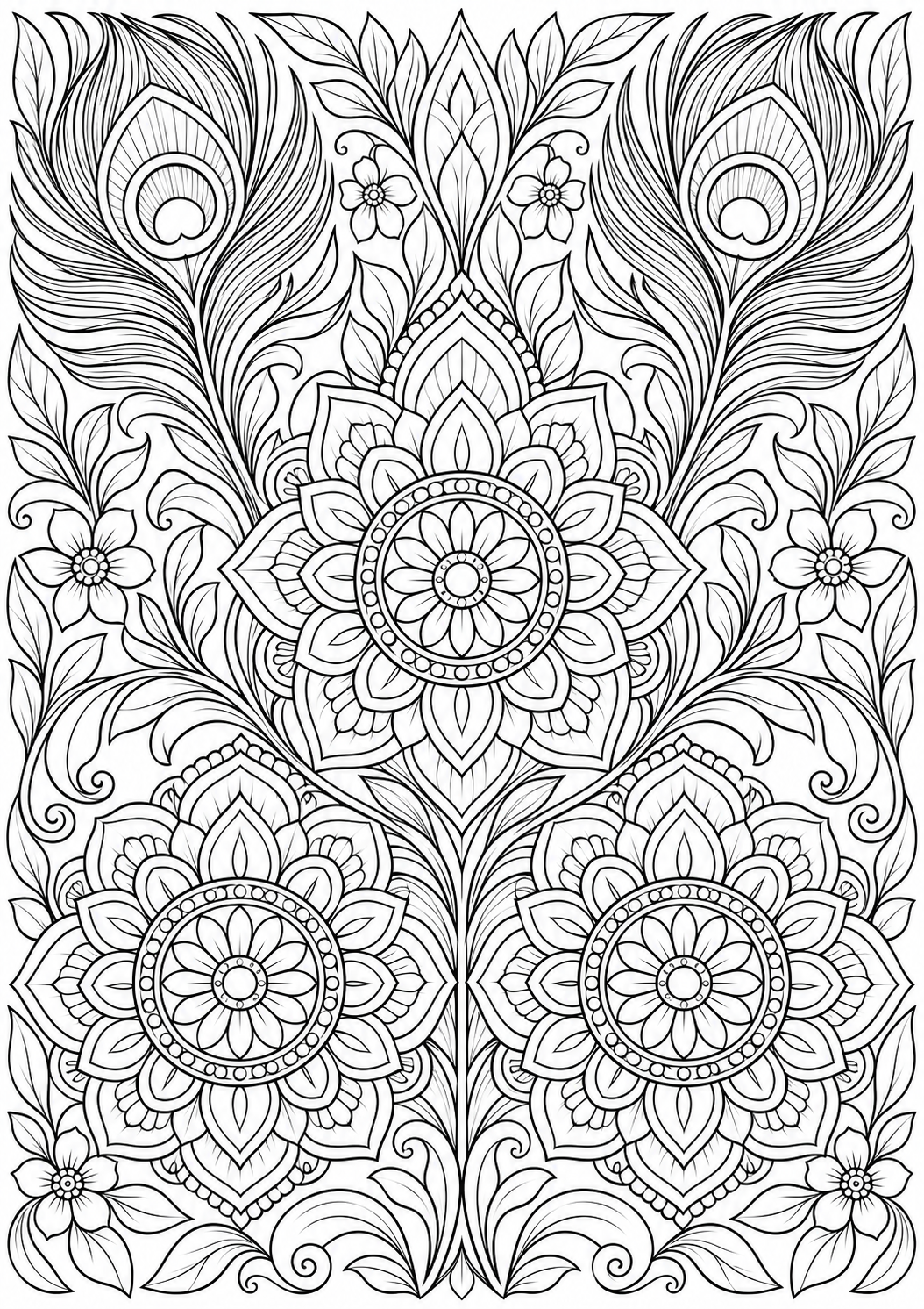 Peacock feather with floral medallions — black-and-white adult coloring page