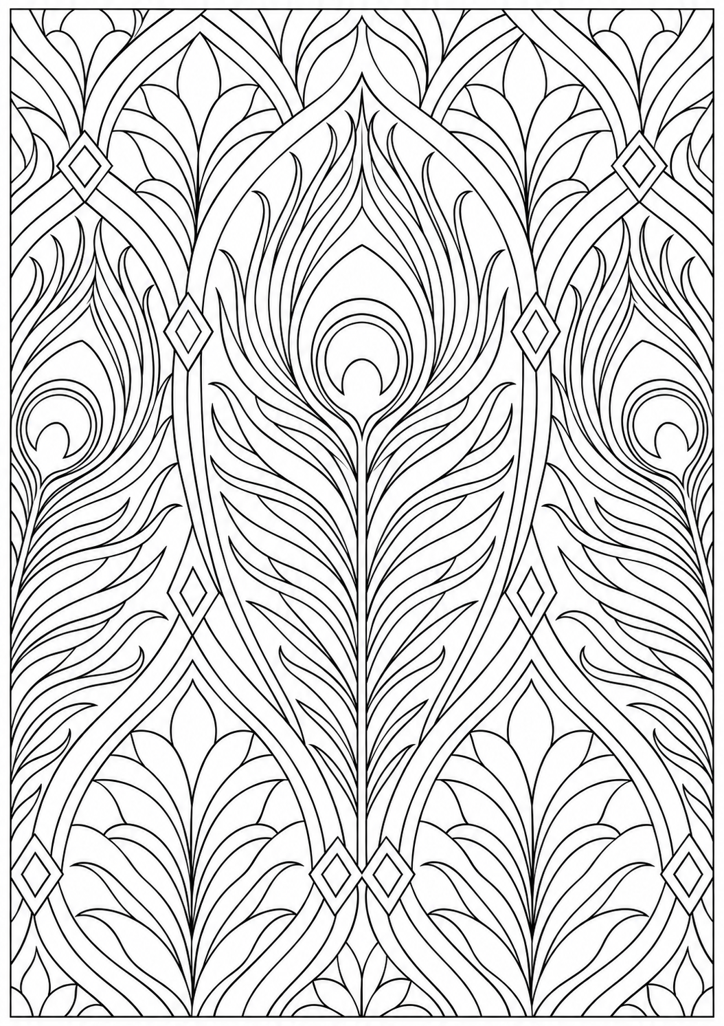 Peacock feather with geometric arches — black-and-white adult coloring page
