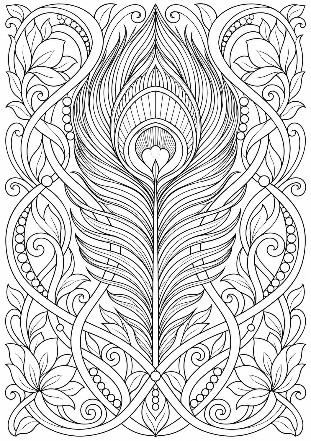 Peacock feather with ornamental interlacing — black-and-white adult coloring page