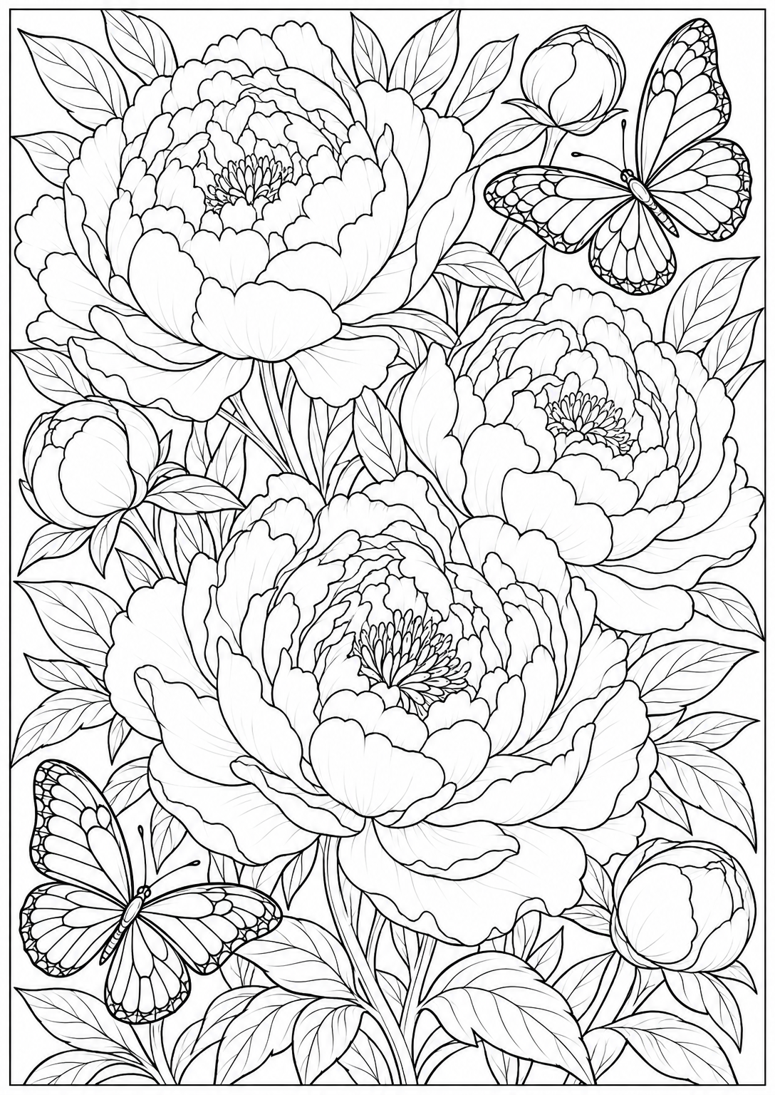 Peonies in the garden — adult coloring page