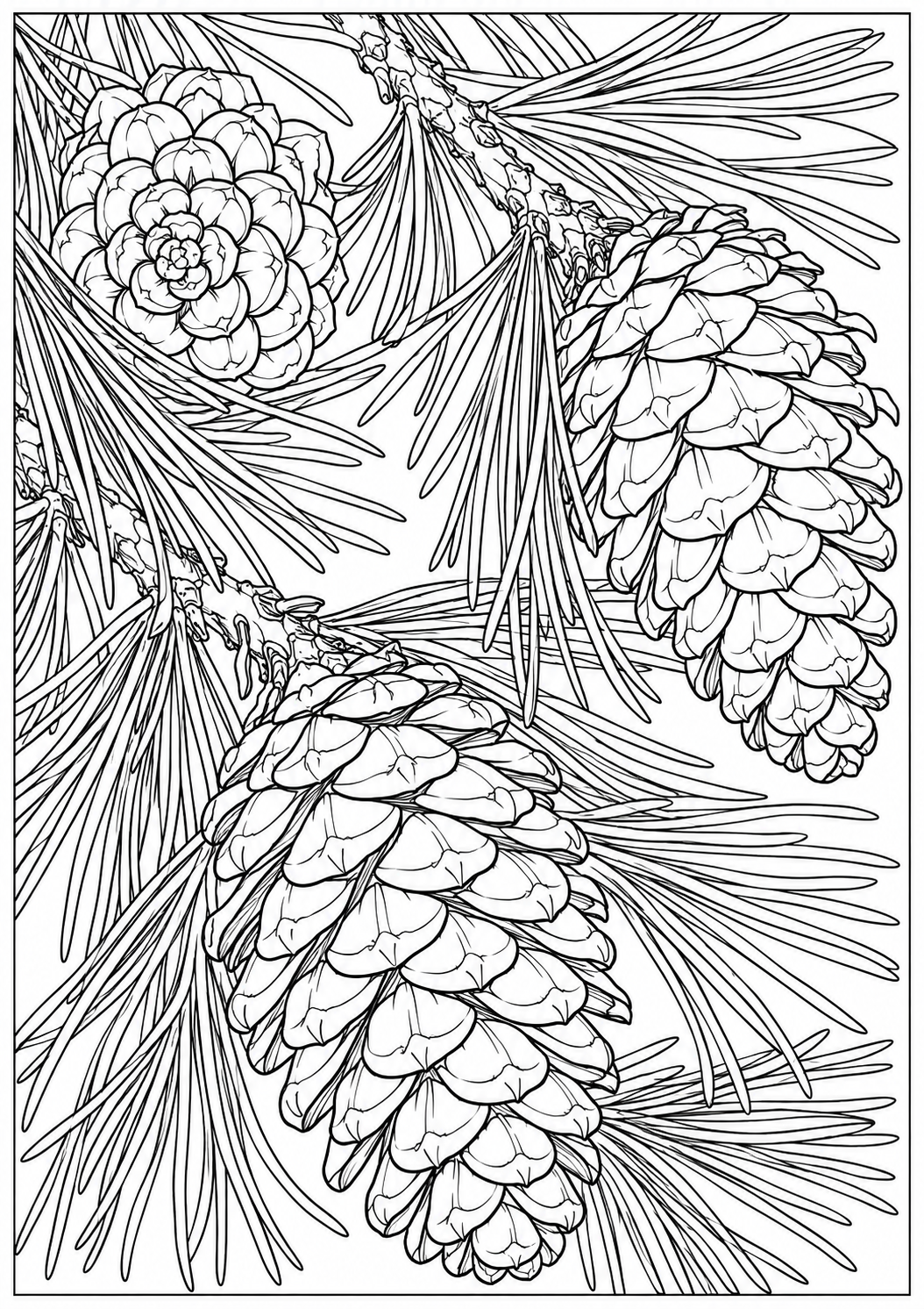 Pine cones and pine branches — black-and-white adult coloring page