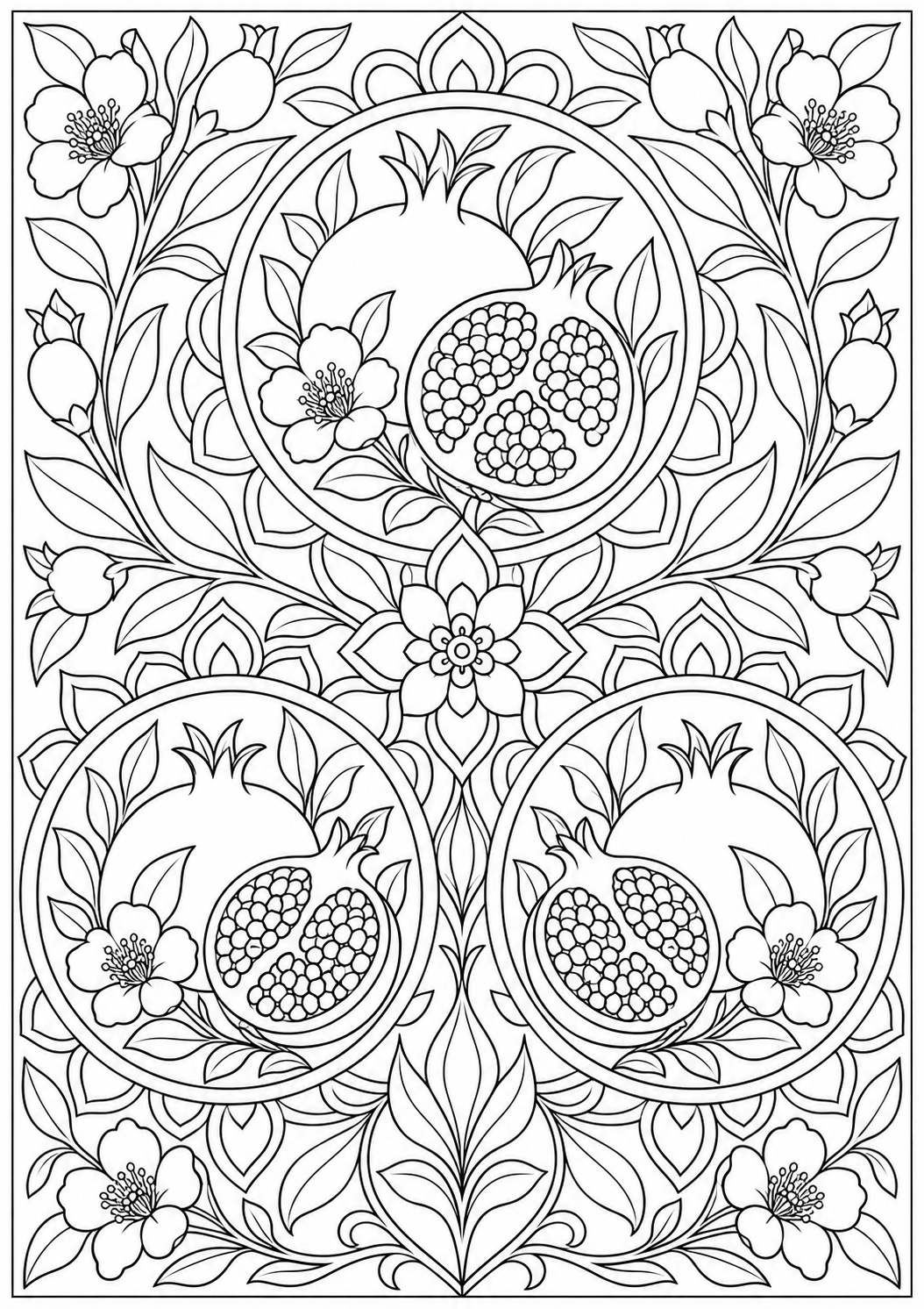 Pomegranate with floral medallions — black-and-white adult coloring page