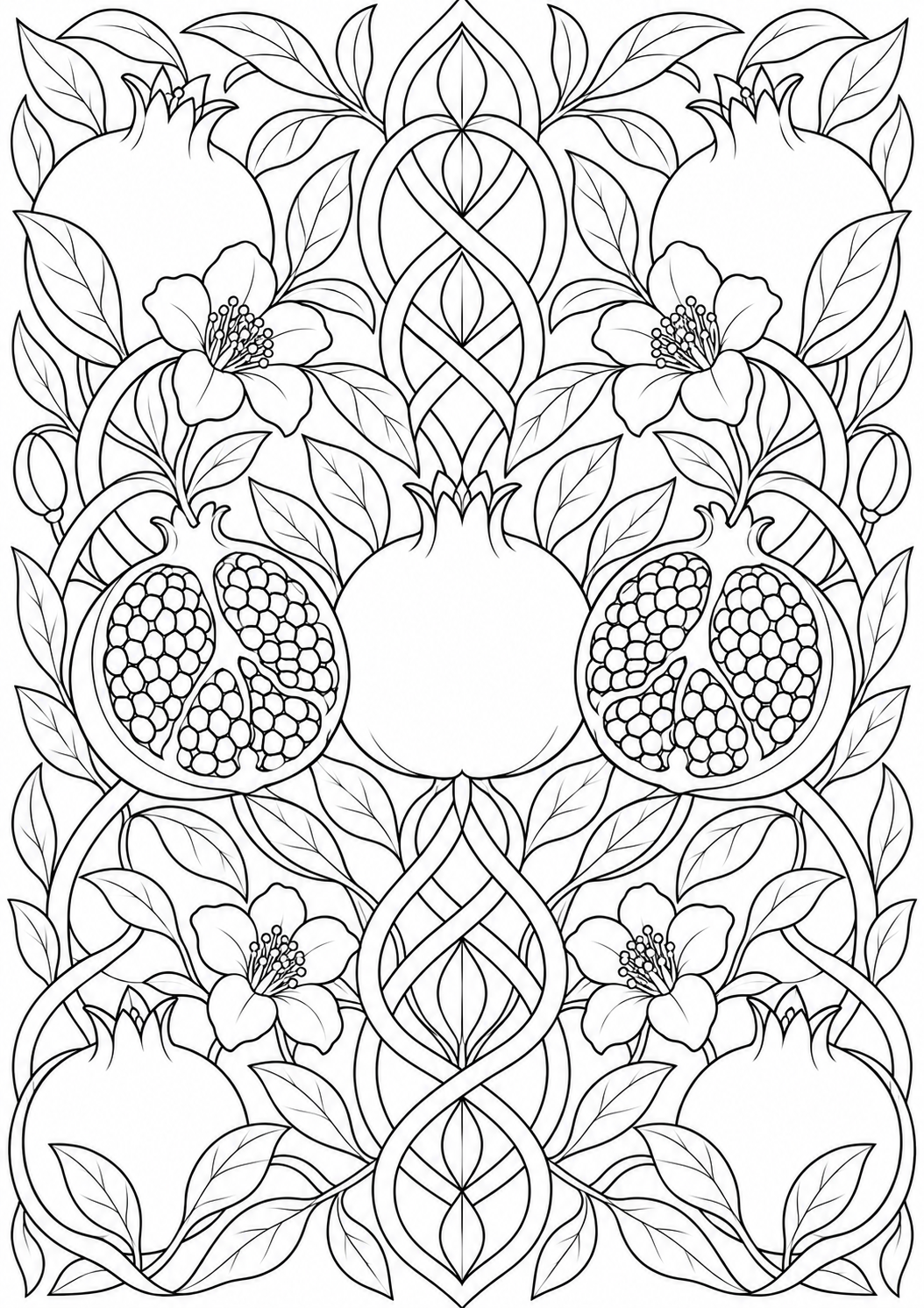Pomegranate with ornamental interlacing — black-and-white adult coloring page