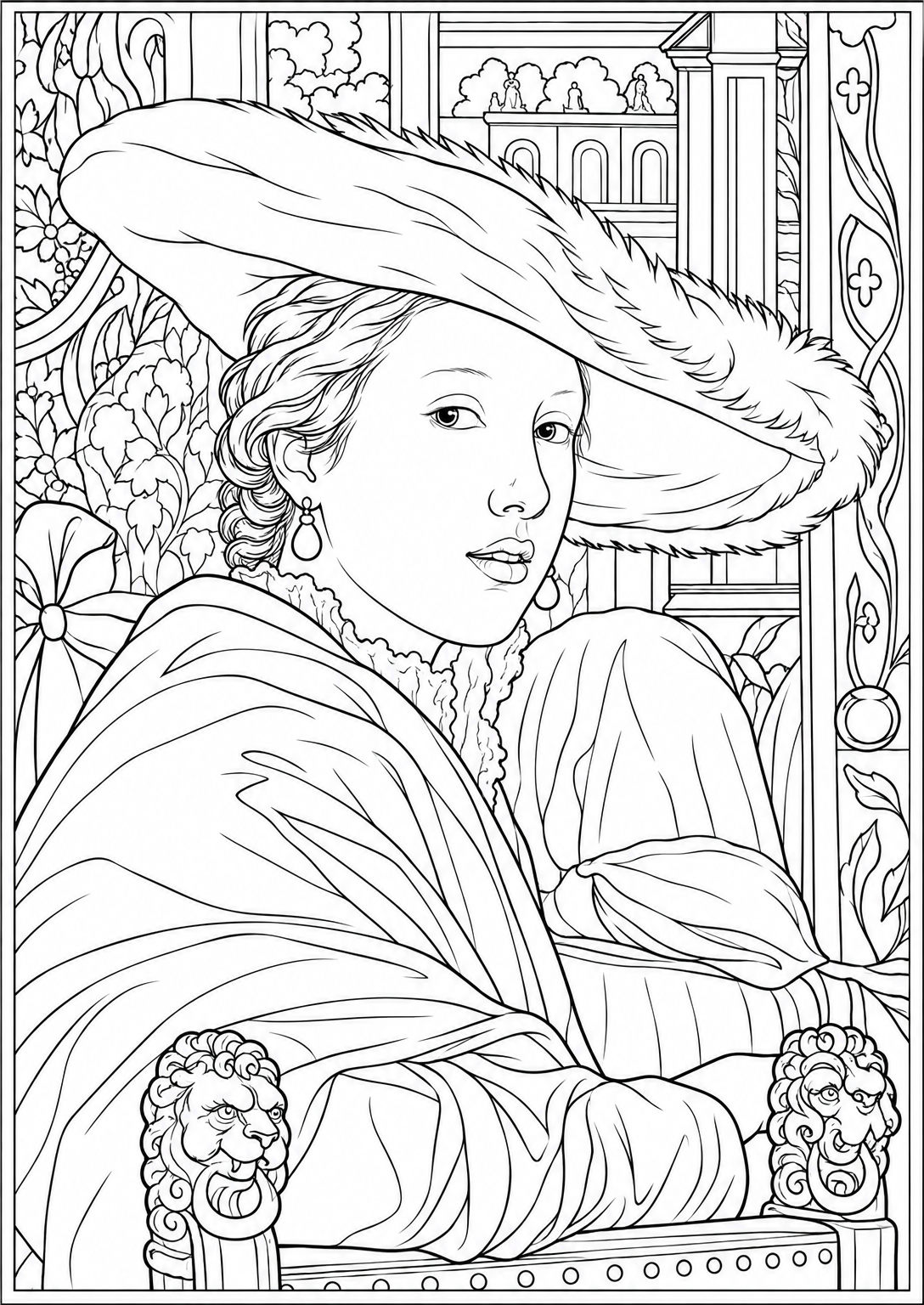 Portrait with a wide hat — black-and-white adult coloring page