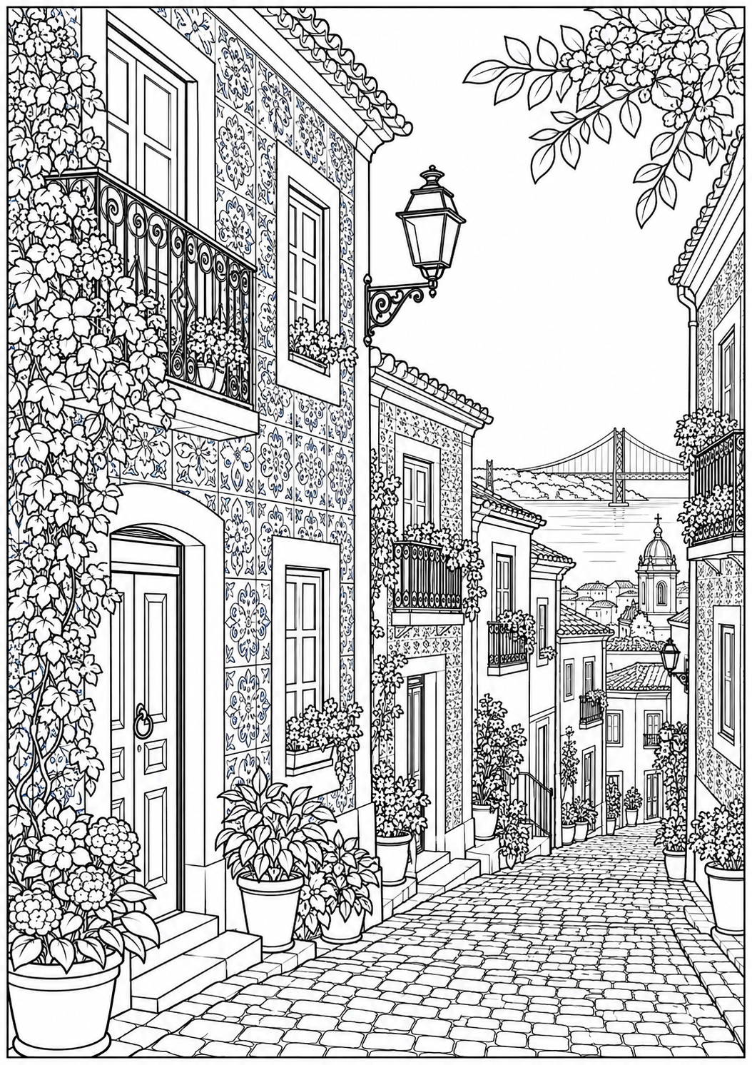 Portuguese houses with tiled facades — black-and-white adult coloring page
