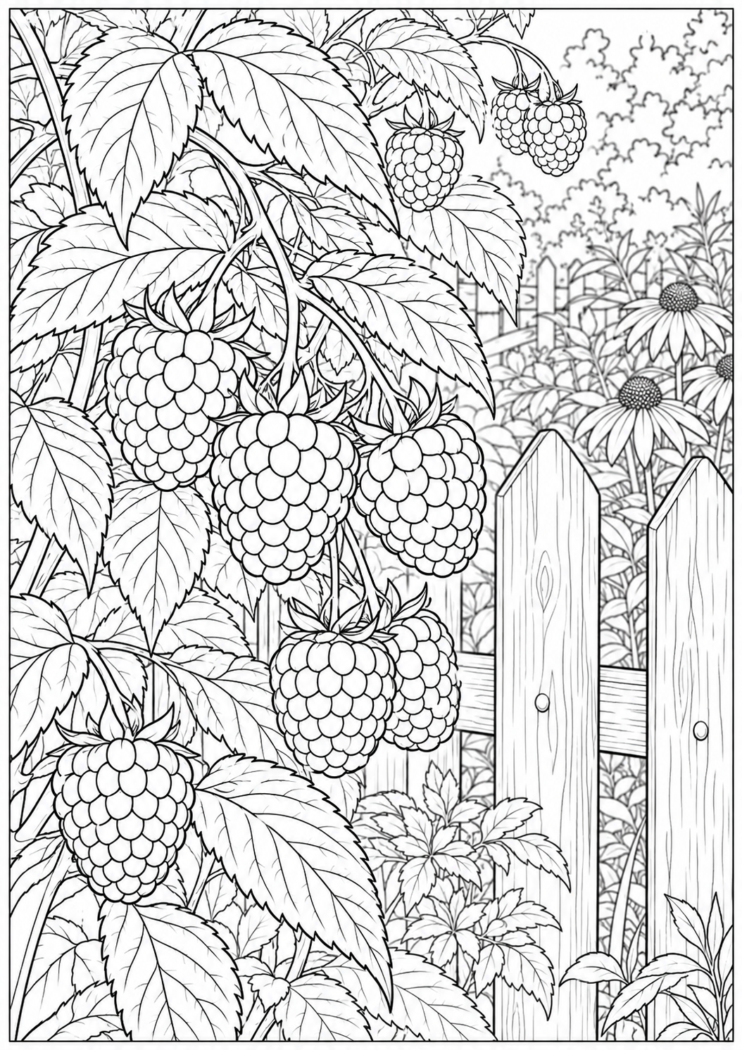 Raspberries by a garden fence — black-and-white adult coloring page