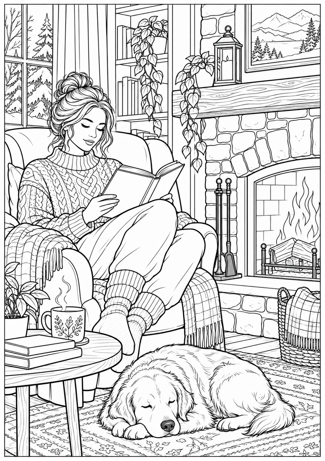 Reading by the fireplace — black-and-white adult coloring page