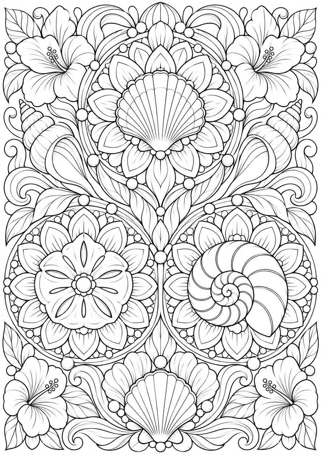 Seashell with floral medallions — black-and-white adult coloring page