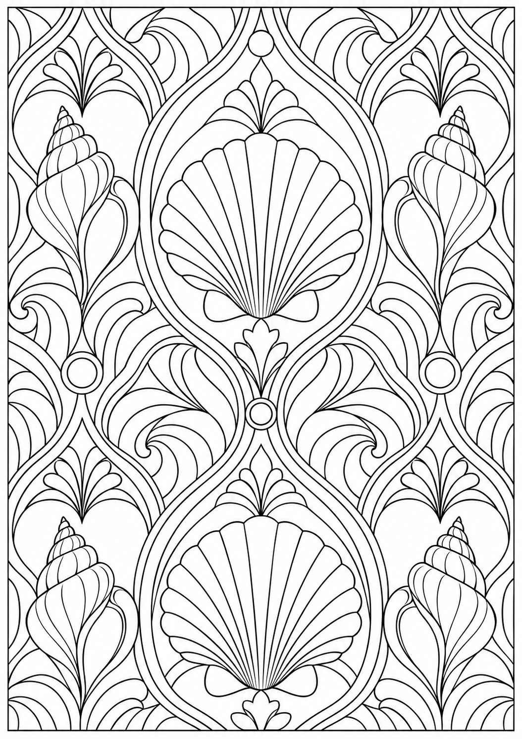 Seashell with geometric arches — black-and-white adult coloring page