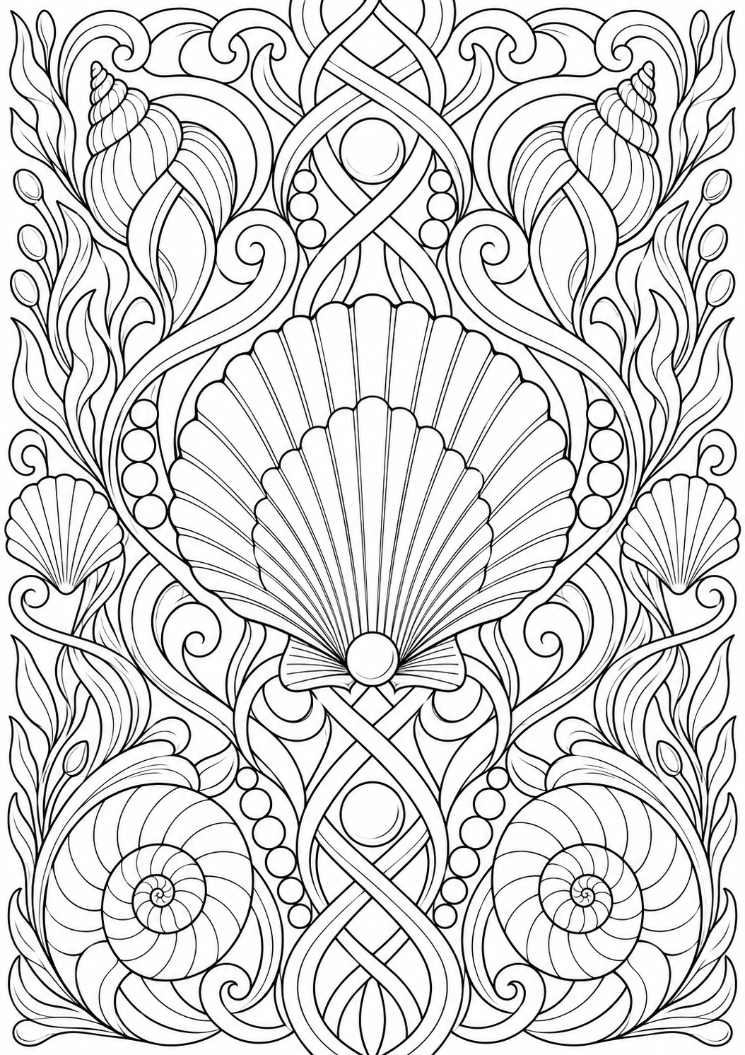 Seashell with ornamental interlacing — black-and-white adult coloring page