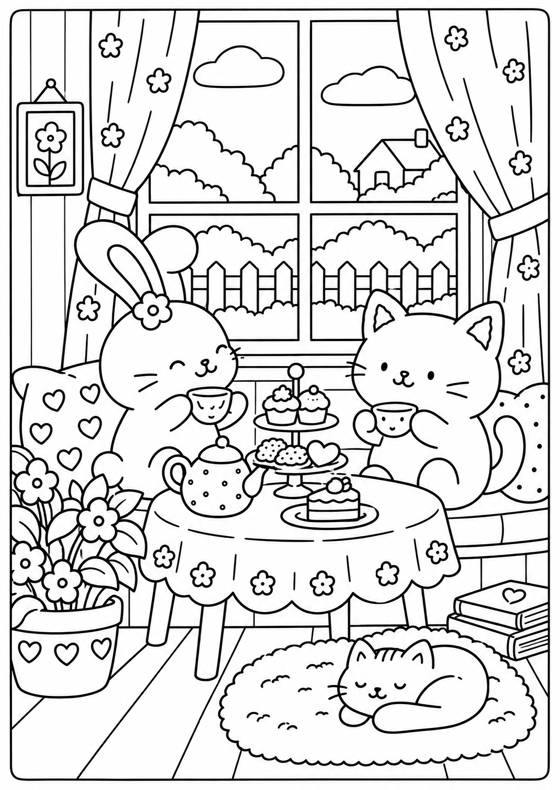 Sharing afternoon tea — adult coloring page