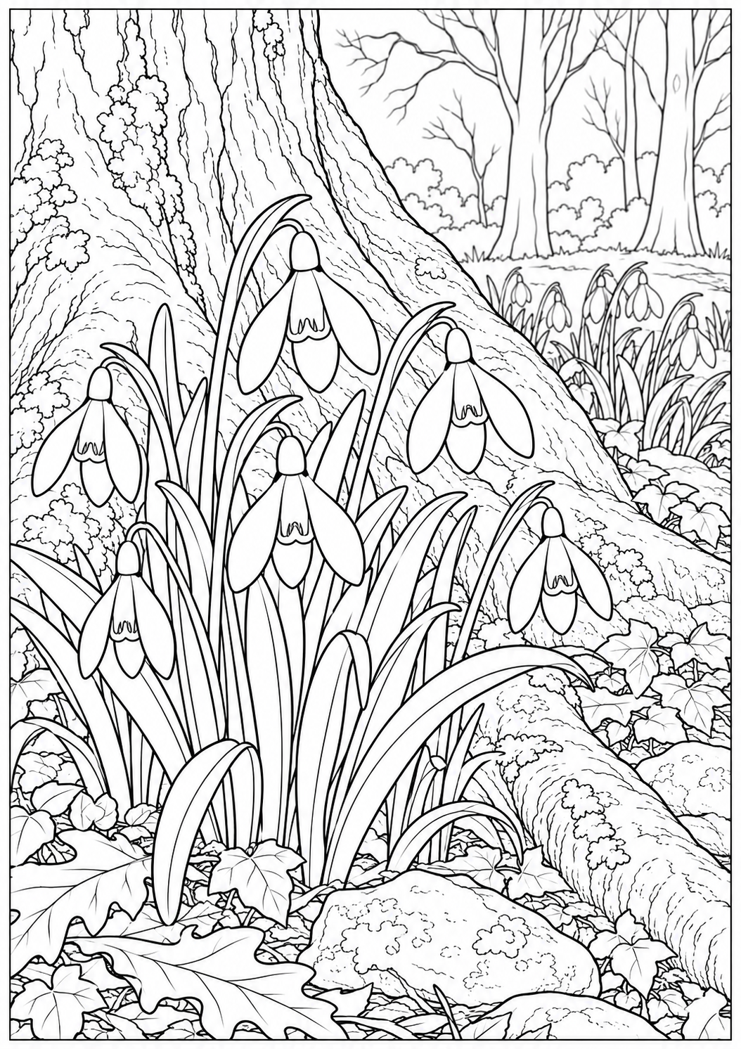 Snowdrops by tree roots — black-and-white adult coloring page