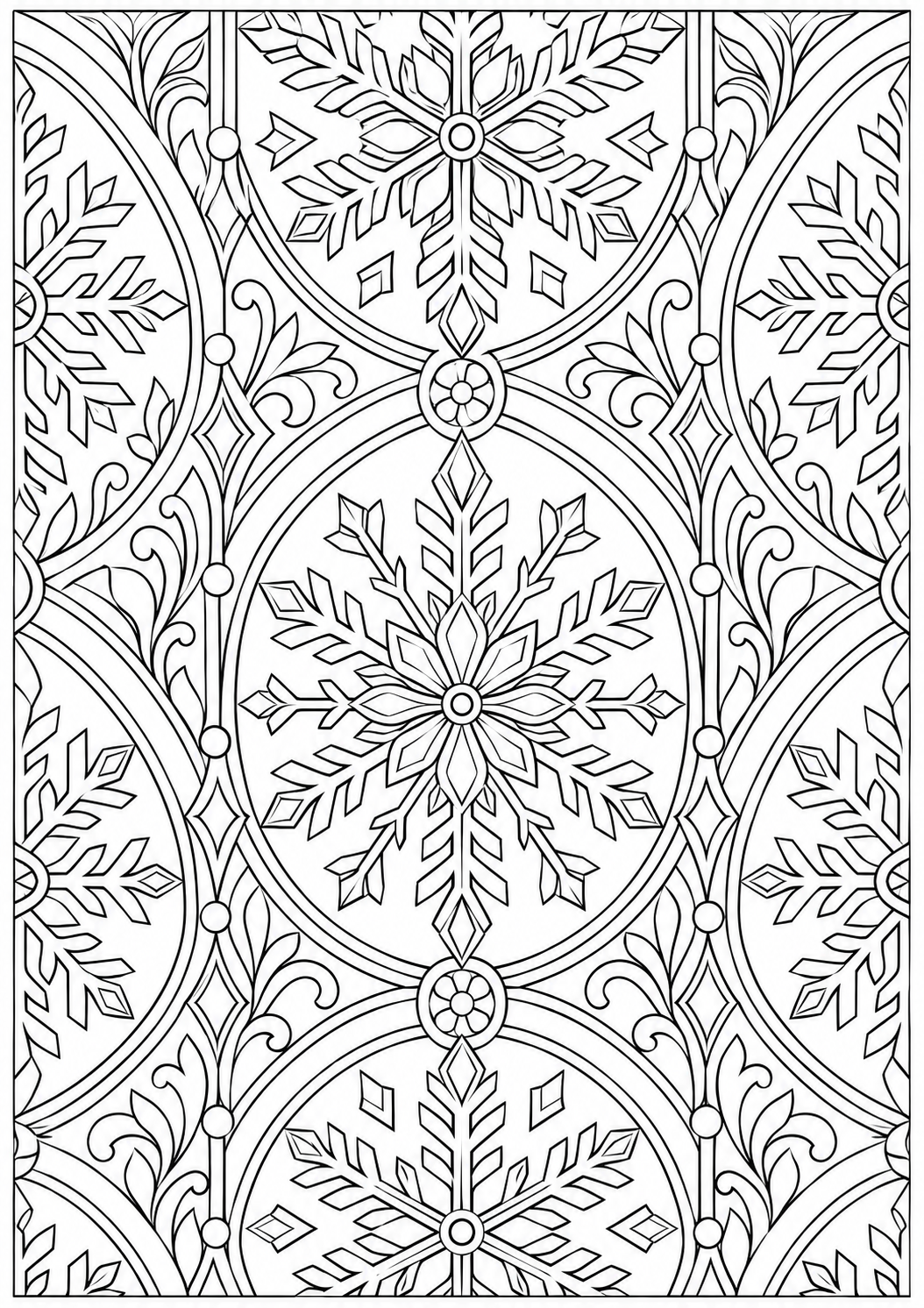 Snowflake with geometric arches — black-and-white adult coloring page