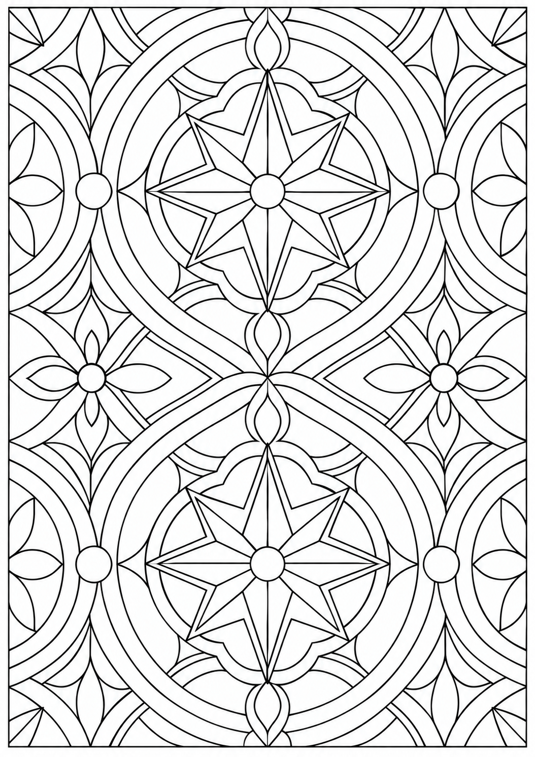 Star with geometric arches — black-and-white adult coloring page