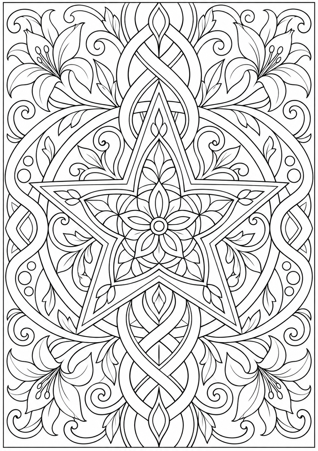 Star with ornamental interlacing — black-and-white adult coloring page