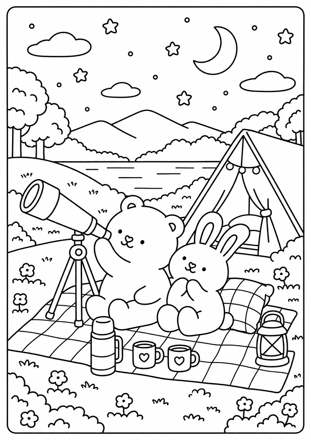 Stargazing by the tent — adult coloring page