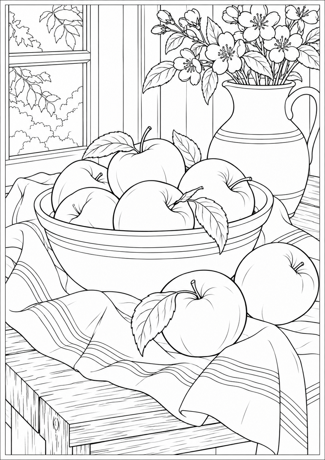 Still life with apples and linen — black-and-white adult coloring page