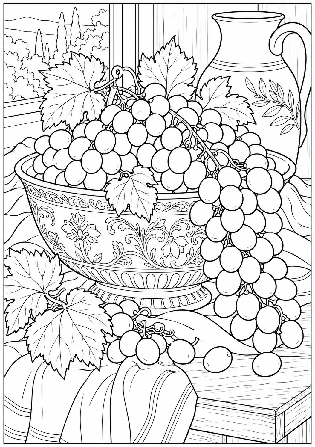 Still life with grapes and a bowl — black-and-white adult coloring page