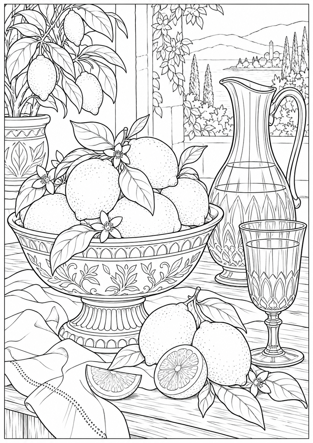 Still life with lemons and glassware — black-and-white adult coloring page
