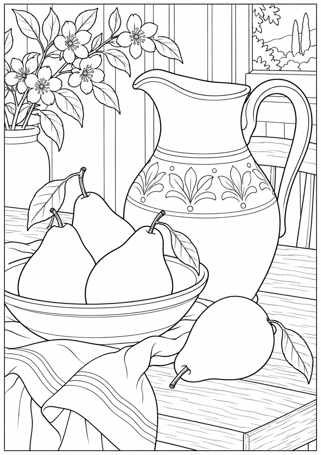 Still life with pears and a pitcher — black-and-white adult coloring page