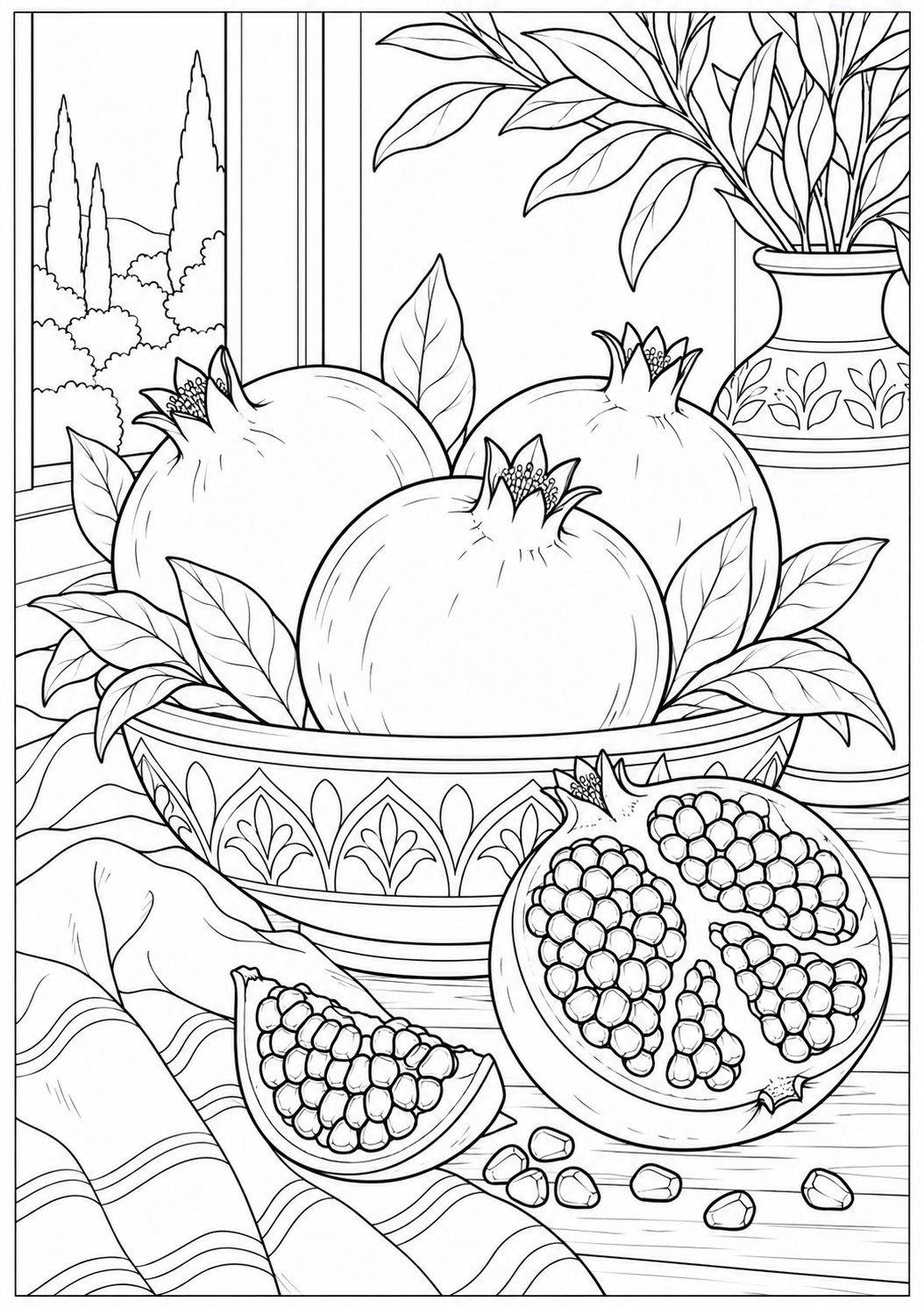Still life with pomegranates — black-and-white adult coloring page