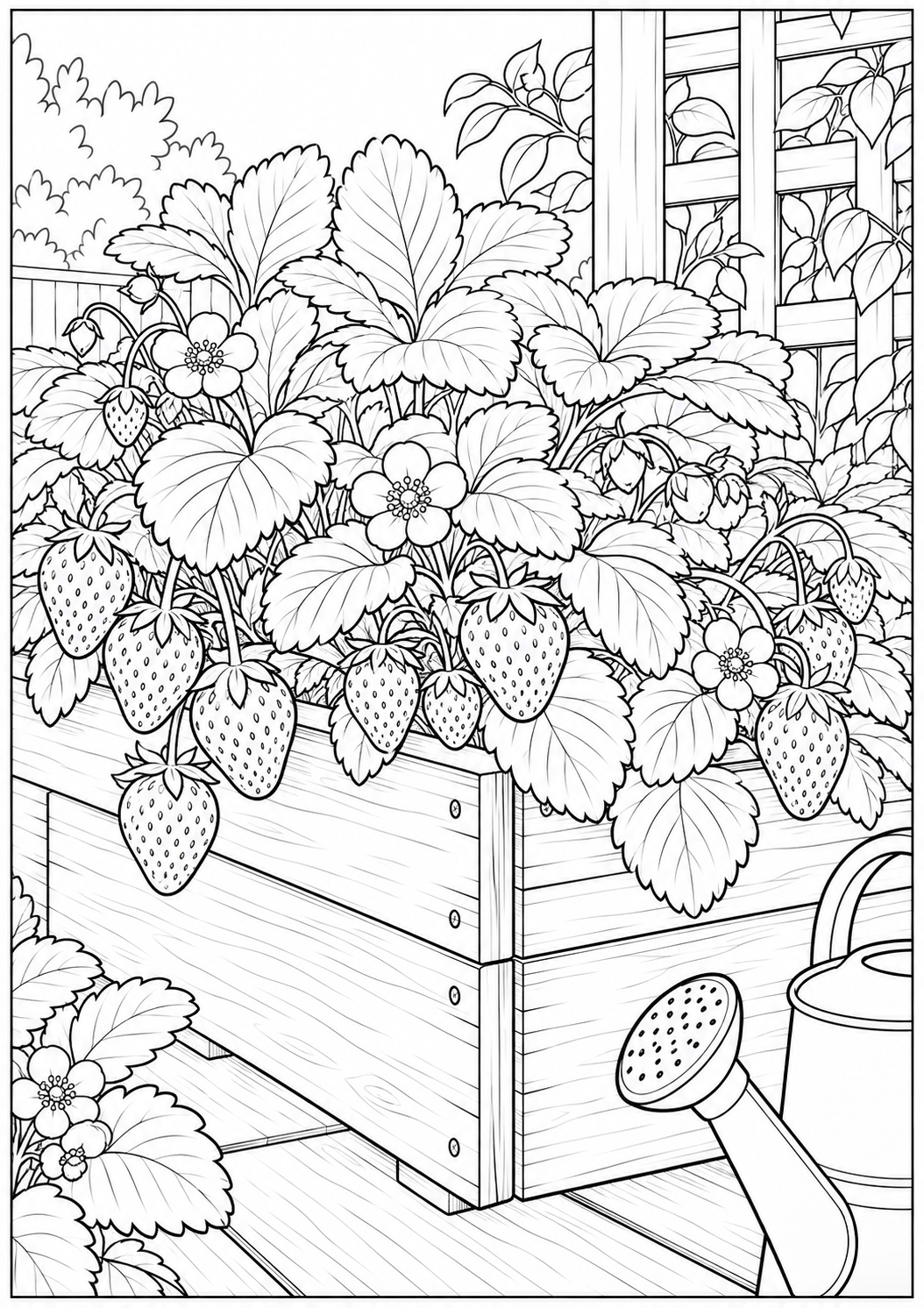 Strawberries in a wooden planter — black-and-white adult coloring page