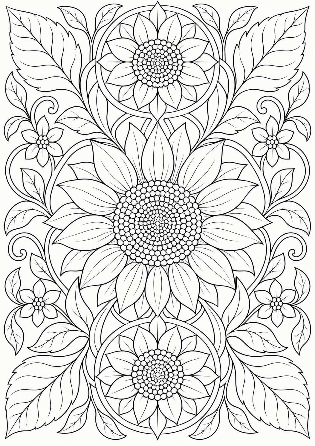 Sunflower with floral medallions — black-and-white adult coloring page
