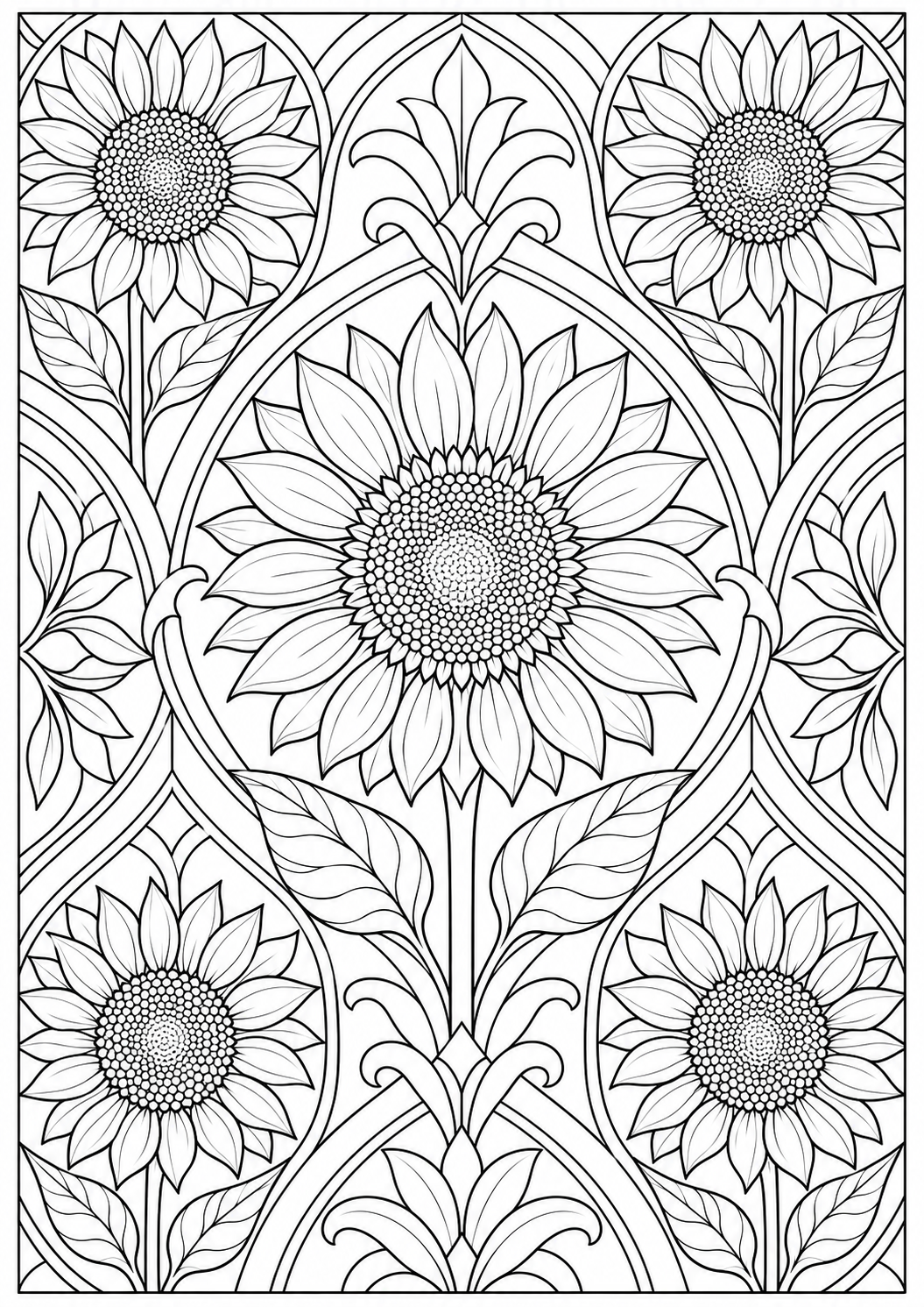 Sunflower with geometric arches — black-and-white adult coloring page