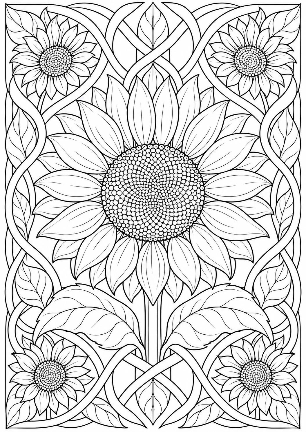 Sunflower with ornamental interlacing — black-and-white adult coloring page