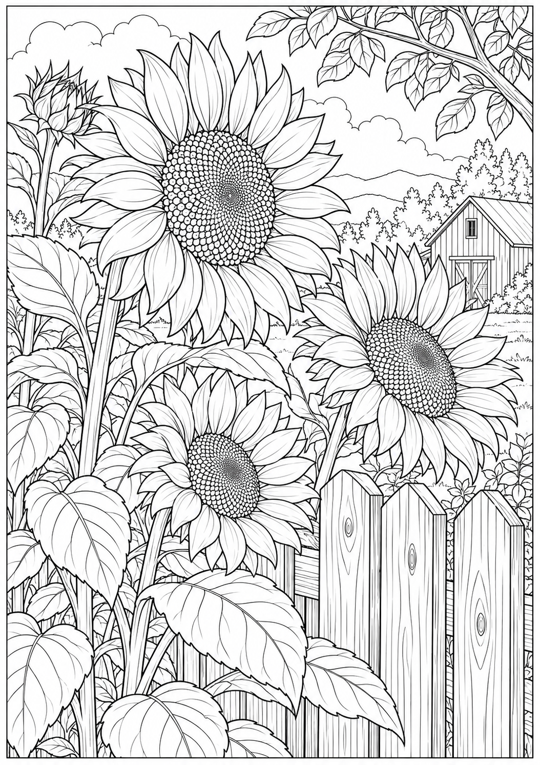 Sunflowers by a fence — black-and-white adult coloring page