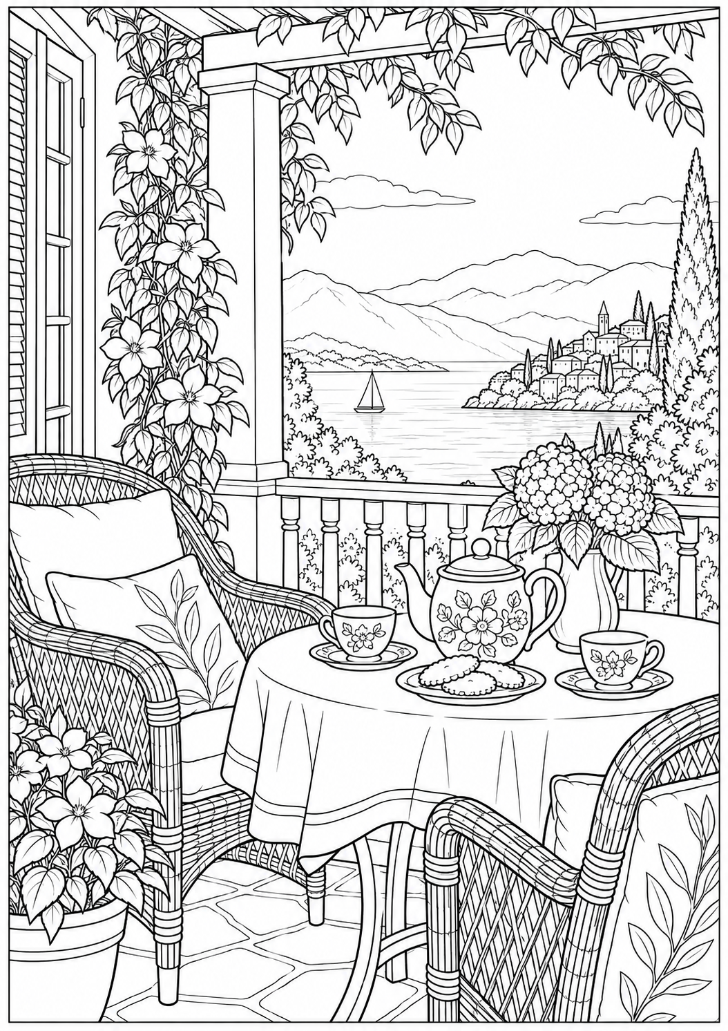 Tea on the veranda — black-and-white adult coloring page