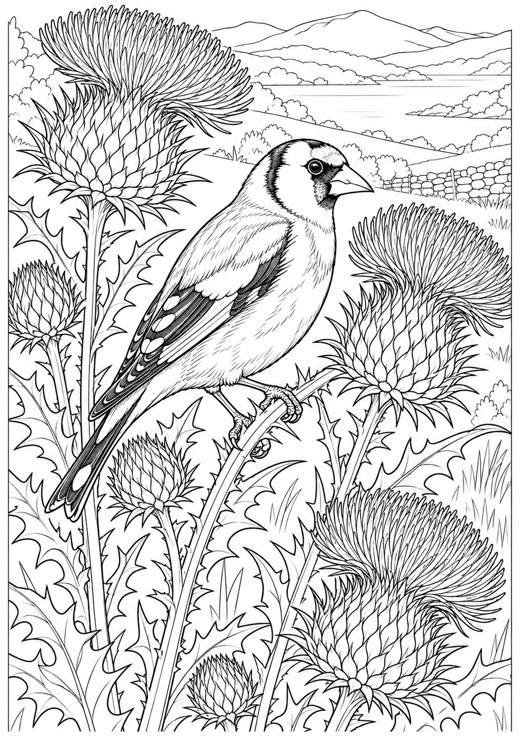 Thistles and a goldfinch — black-and-white adult coloring page