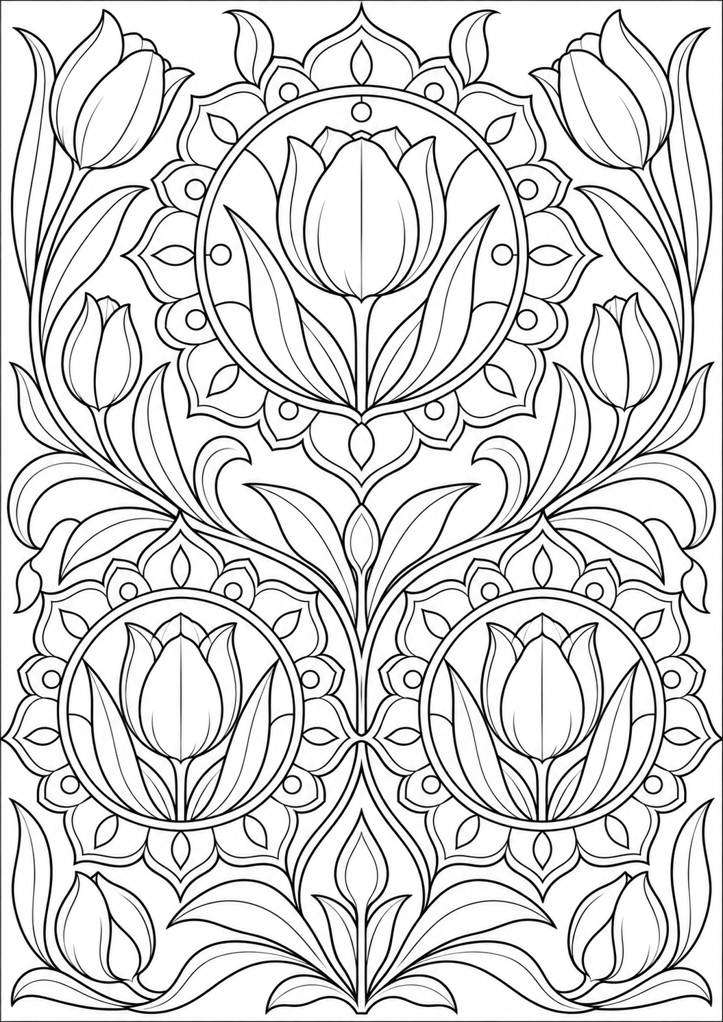Tulip with floral medallions — black-and-white adult coloring page