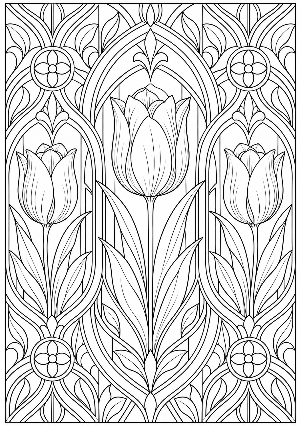Tulip with geometric arches — black-and-white adult coloring page