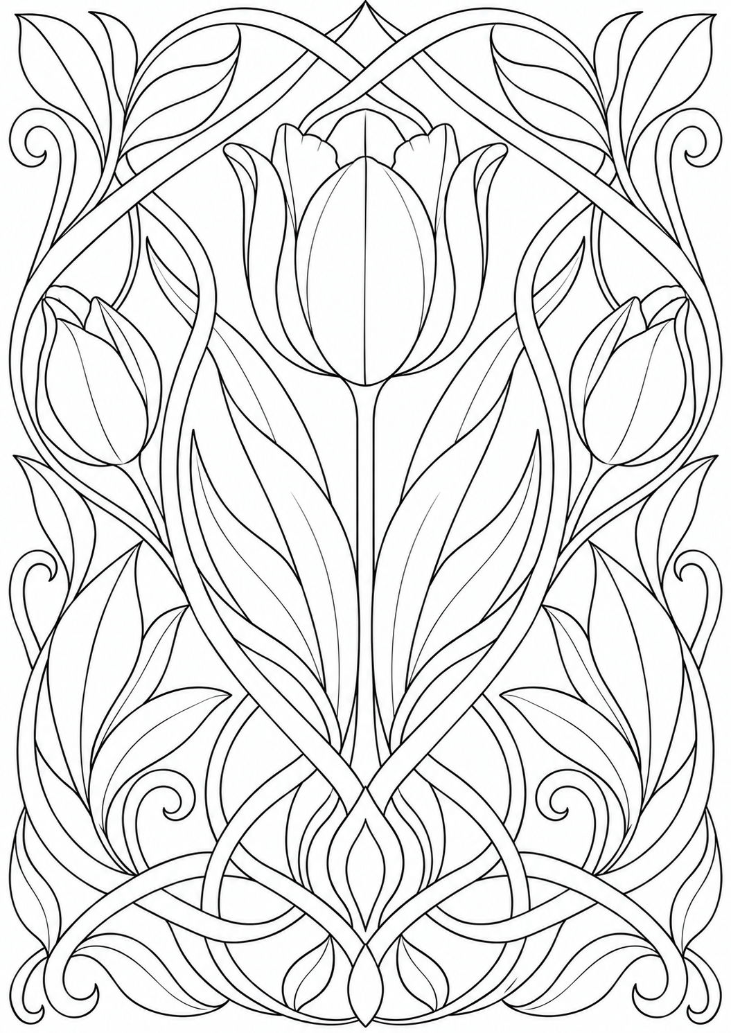 Tulip with ornamental interlacing — black-and-white adult coloring page