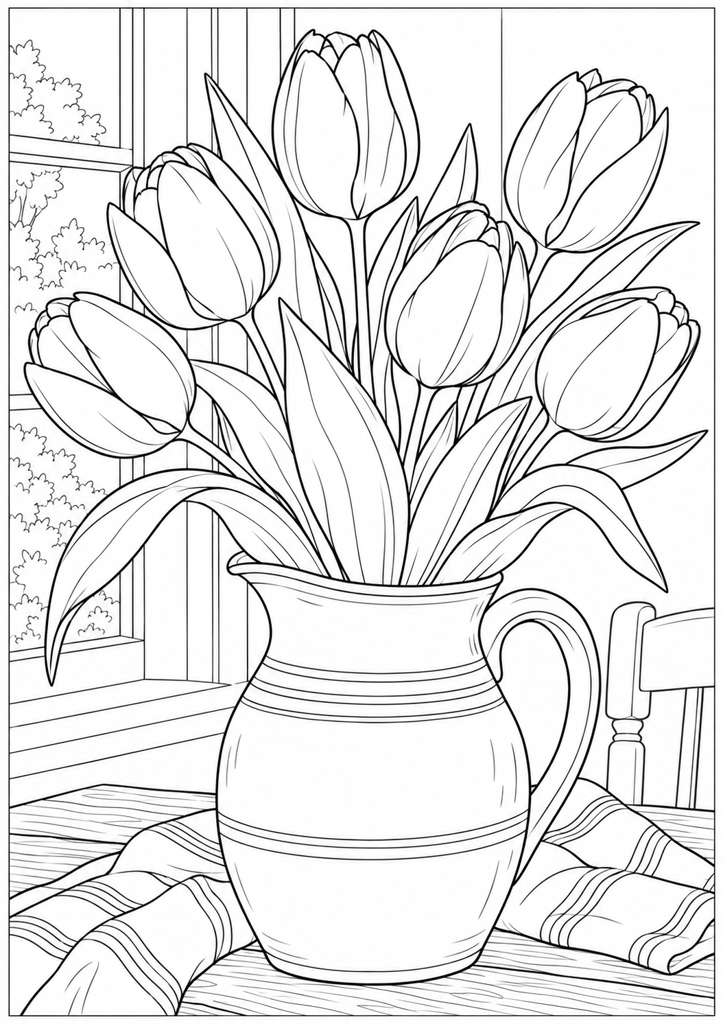Tulips in an earthenware pitcher — black-and-white adult coloring page