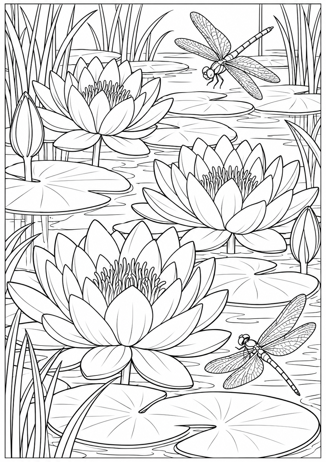 Water lilies and dragonflies — black-and-white adult coloring page