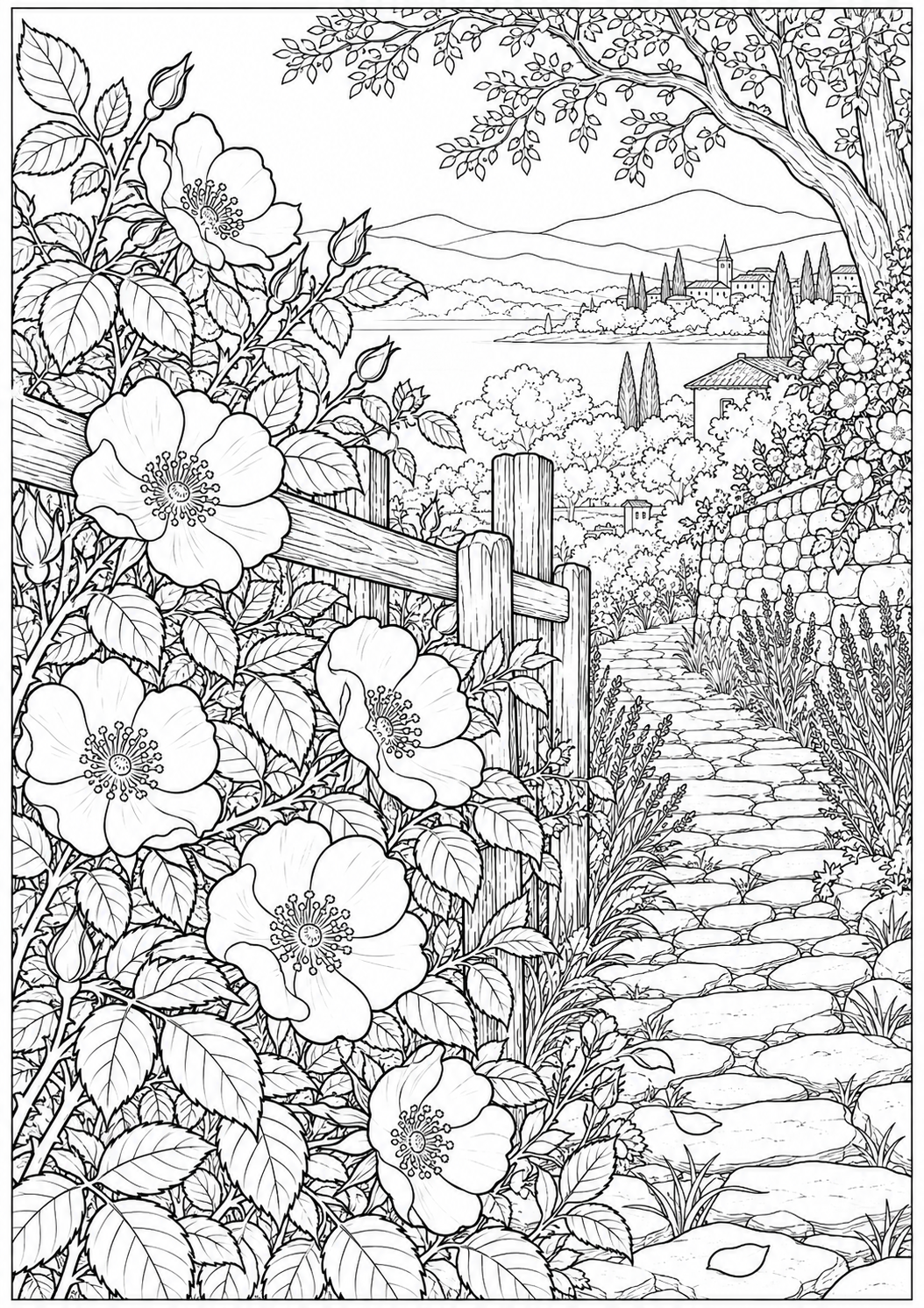 Wild roses along a path — black-and-white adult coloring page
