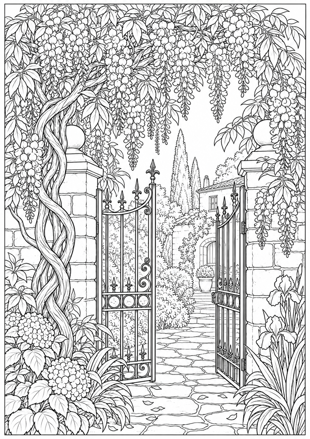 Wisteria around a garden gate — black-and-white adult coloring page